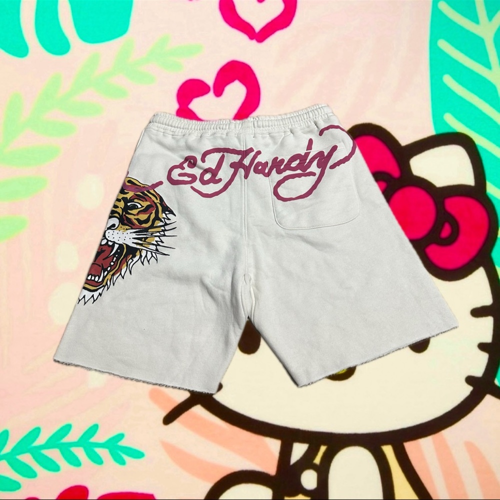 Ed Hardy White Jean Shorts with Tiger Graphic